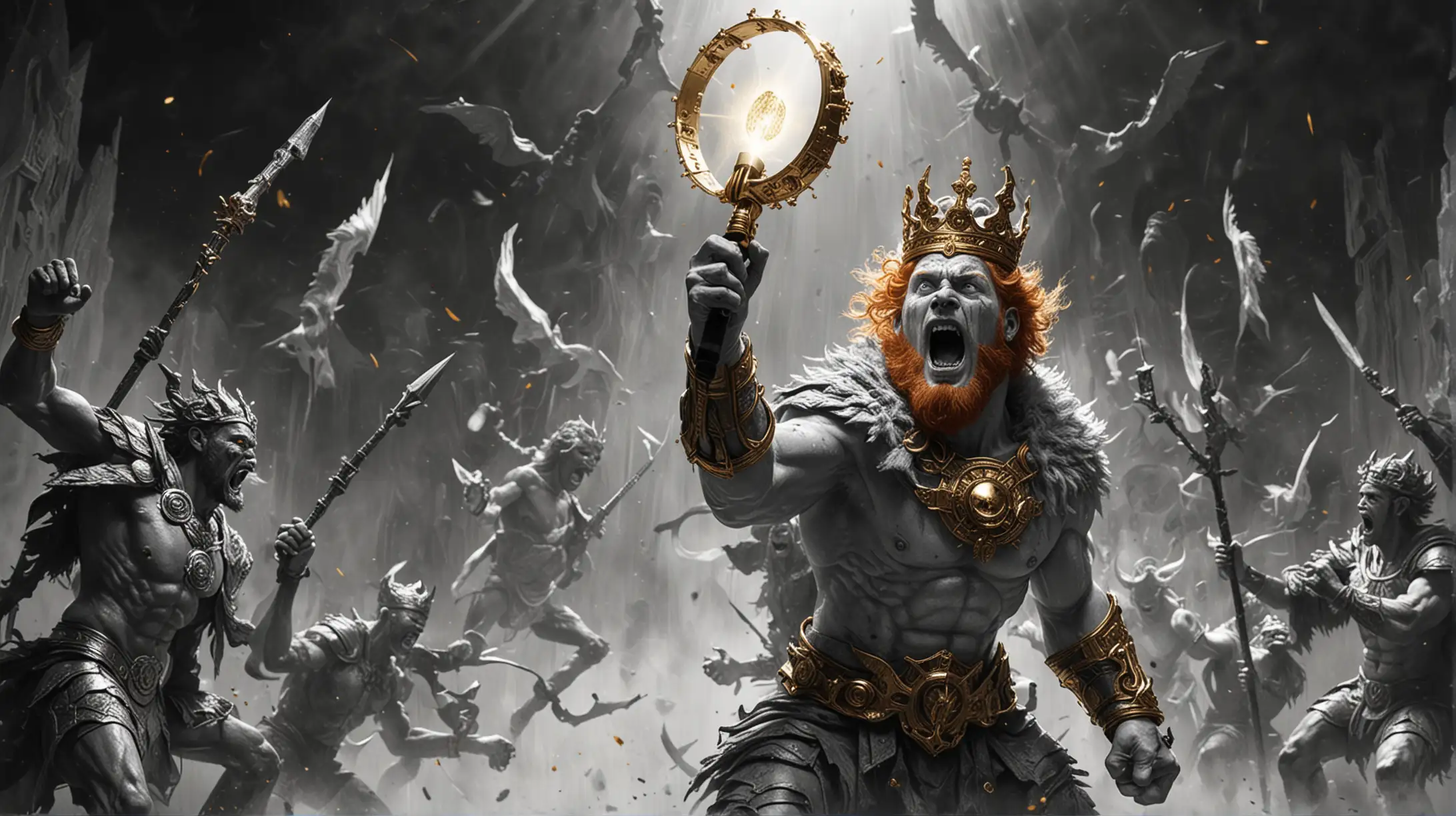 As a black and white abstract image, In an action pose, Ginge the God King fights off multiple demons with his gold microphone topped with a halo