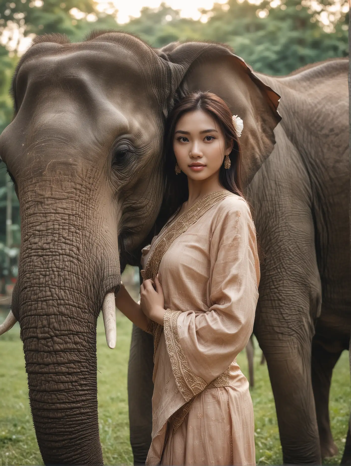 Photo of Thai beauty posing with elephant, on outdoor lawn, face like camera, confident eyes. Soft light style, cinematic style, surreal style portrait photos, high resolution, natural color grading, no contrast, clean and clear focus.