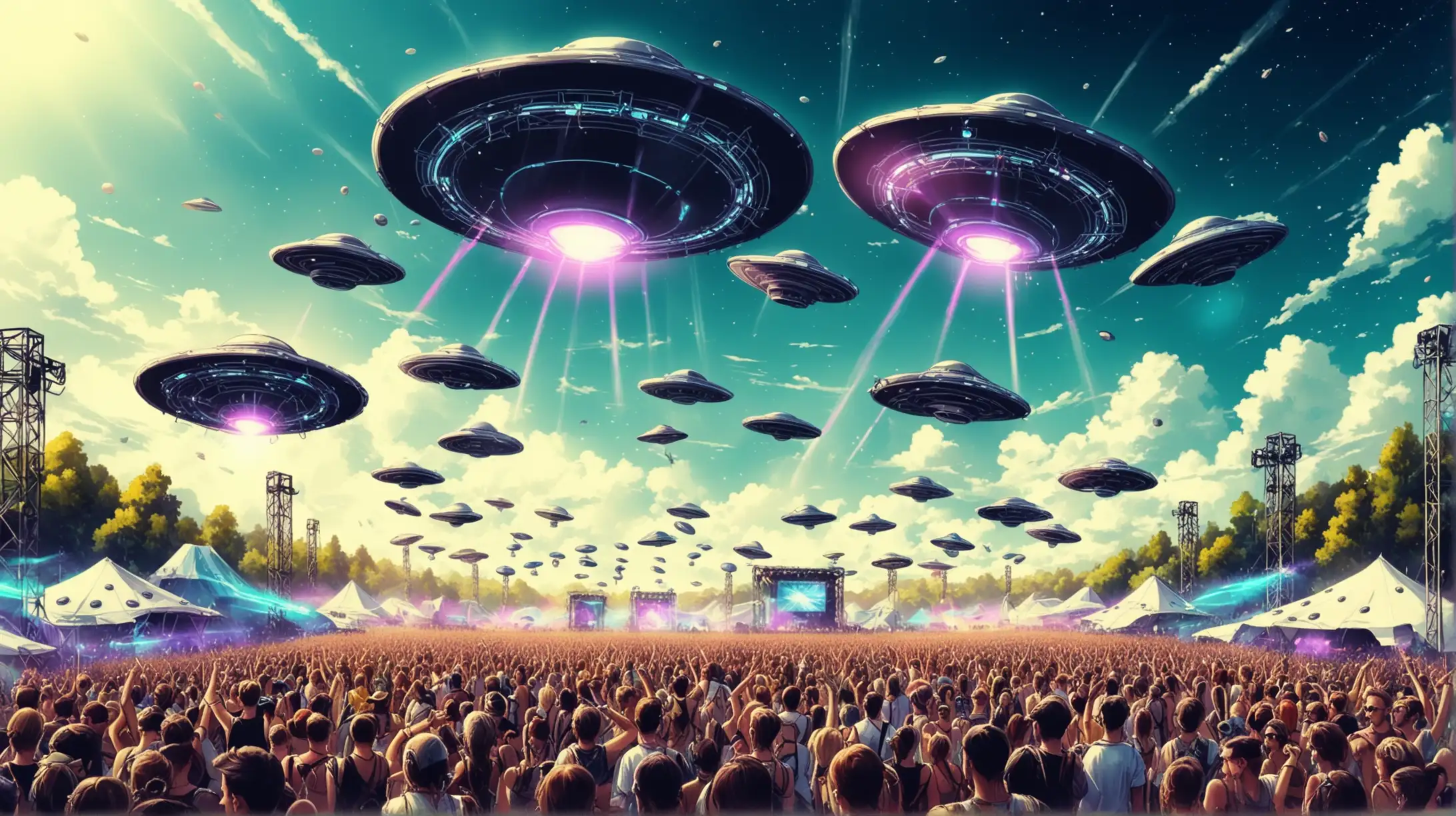 festival en plein air de music électronicien, soucoupes volantes dans le ciel