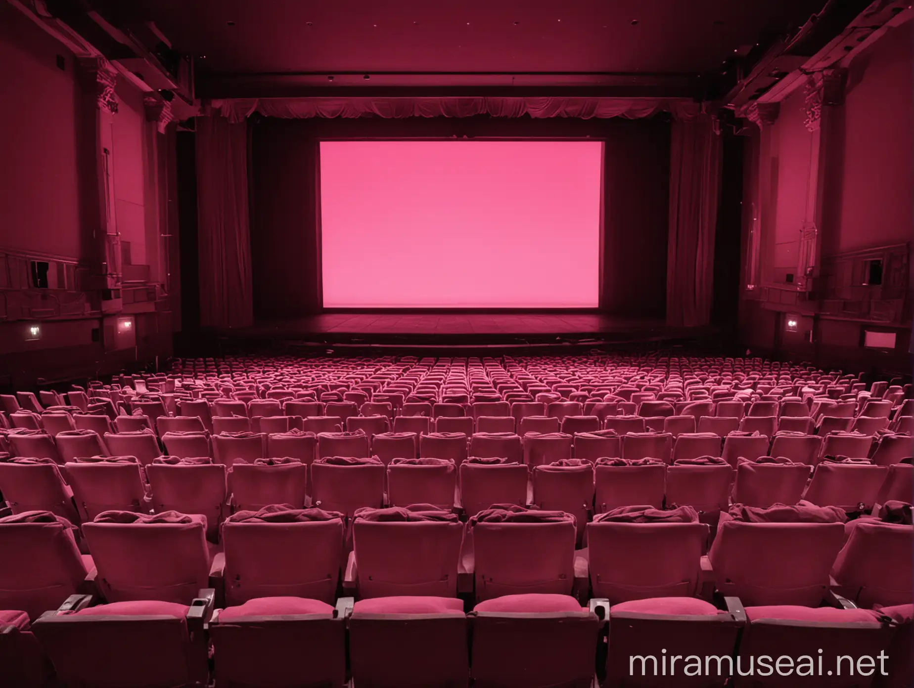 Empty Theatre with Big Center Screen in Pink Lighting