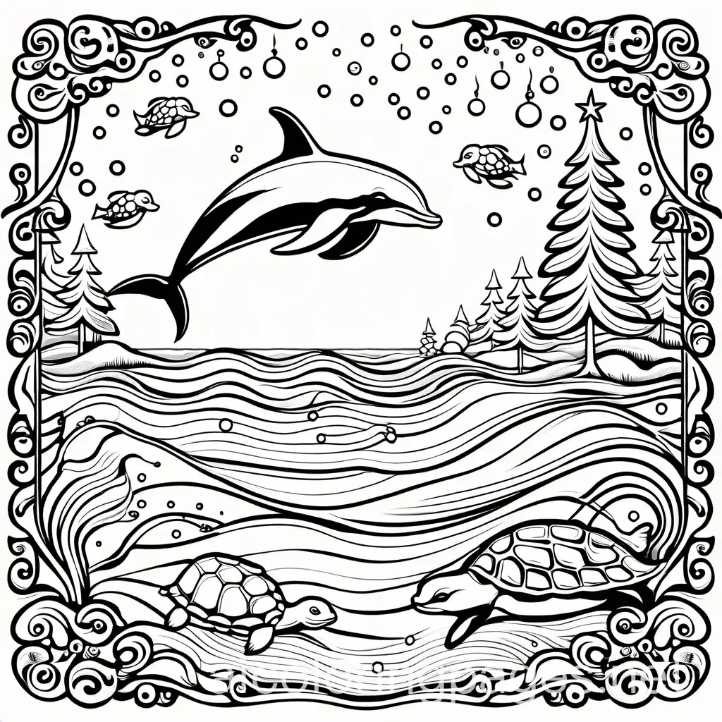 a dolphin, a mouse, and a turtle around a Christmas tree, Coloring Page, black and white, line art, white background, Simplicity, Ample White Space. The background of the coloring page is plain white to make it easy for young children to color within the lines. The outlines of all the subjects are easy to distinguish, making it simple for kids to color without too much difficulty