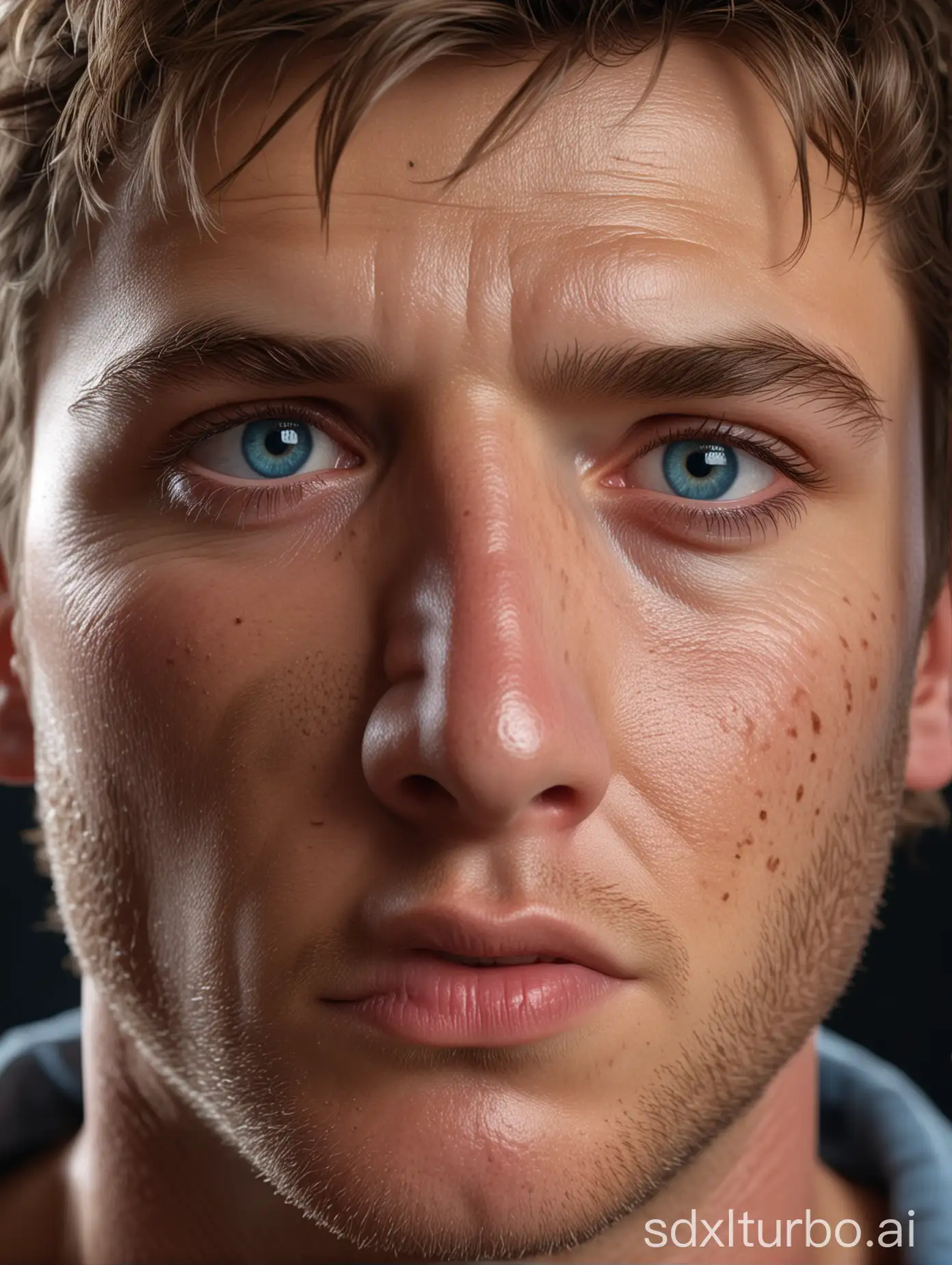 masterpiece, best quality, ultra-detailed, ultra high res, (photorealistic:1.4), raw photo, (realistic:0.2), 8k HDR, realistic lighting, 1guy, solo, looking at viewer, (detailed oily skin), blue eyes, (detailed face)