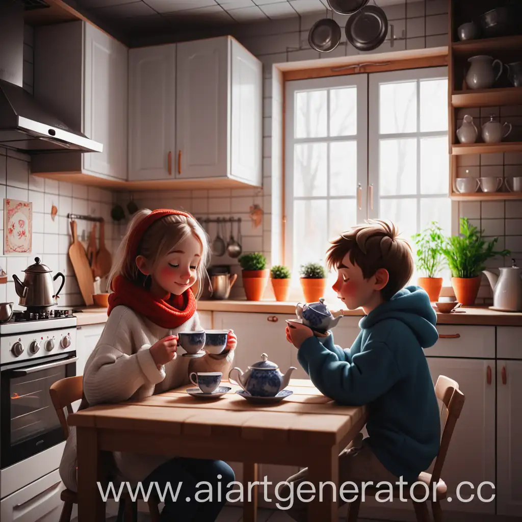 девушка и парень в уютной атмосфере на кухне пьют чай