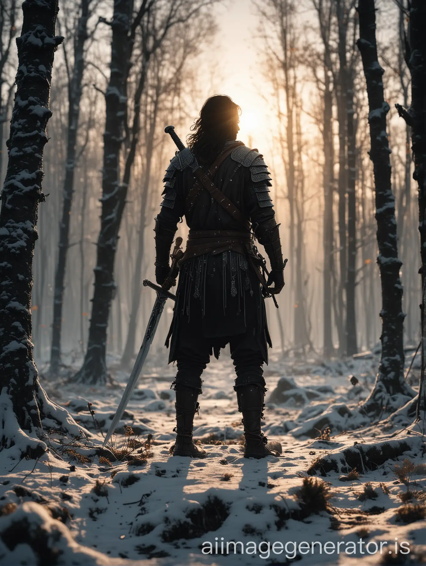 warrior with a sword in the woods, sunset, small figure in the middle, 4k details, winter outside, dark colours, black and. white