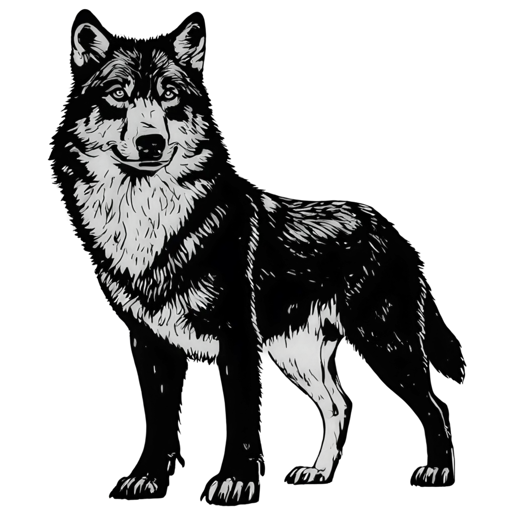 2 wolves as a black and white drawing