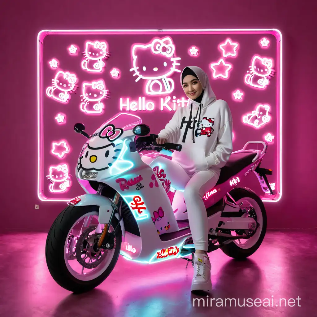 Beautiful woman in hijab with white hoodie sitting on a Hello Kitty themed motorcycle, This transparent motorcycle has a special design with a large Hello Kitty image on the front and pink neon elements. The pink background with neon lights forms words and small pictures associated with Hello Kitty. There is a white neon text on the wall that says "Hello Kitty". The floor is dark pink, providing a contrast with other, lighter elements.