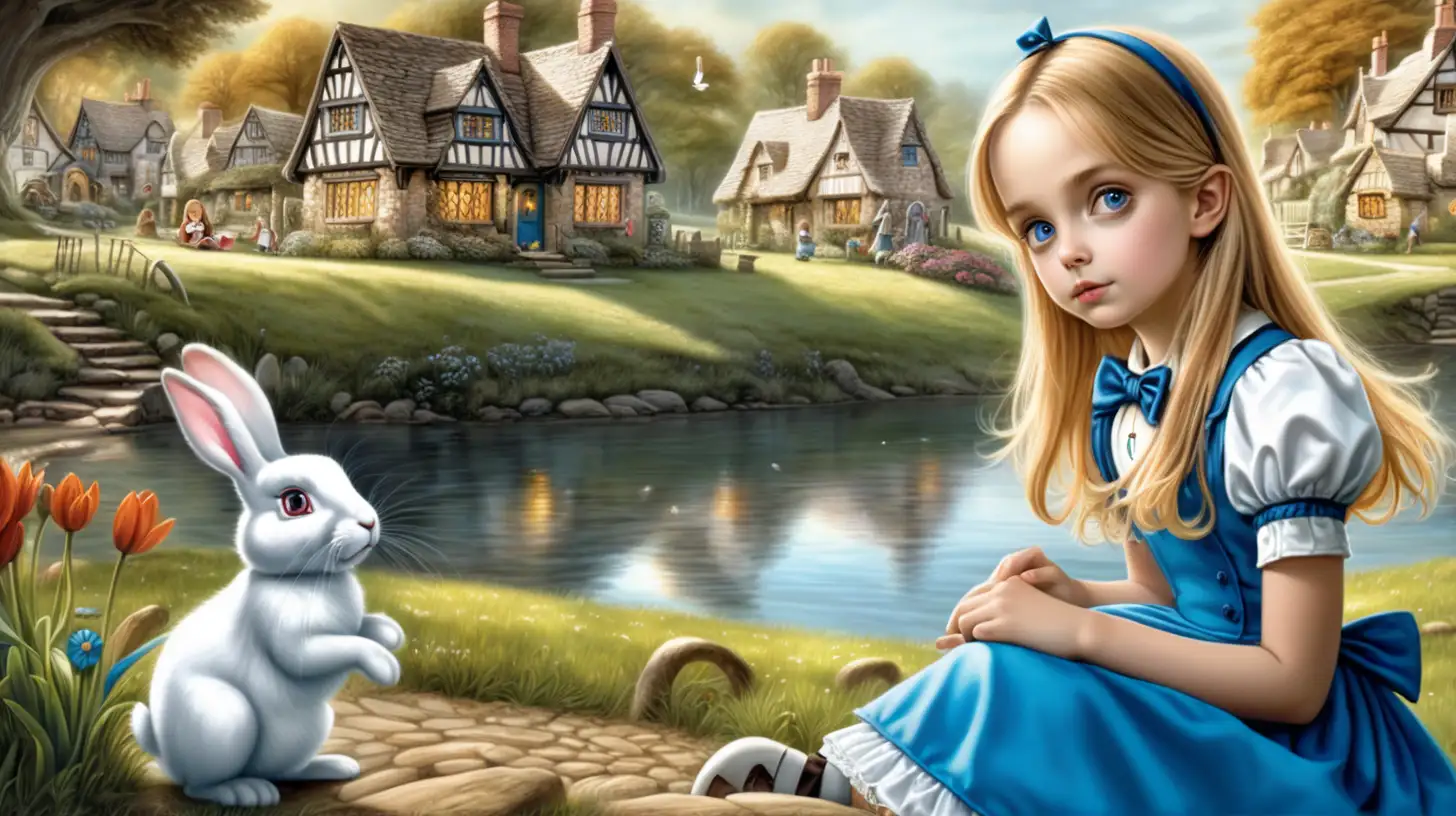 alice's adventures in wonderland
A cozy little village with charming cottages. Focus on Alice sitting by the river with her sister, her bright eyes sparkling with curiosity as she spots the White Rabbit with a pocket watch, muttering about being late.
