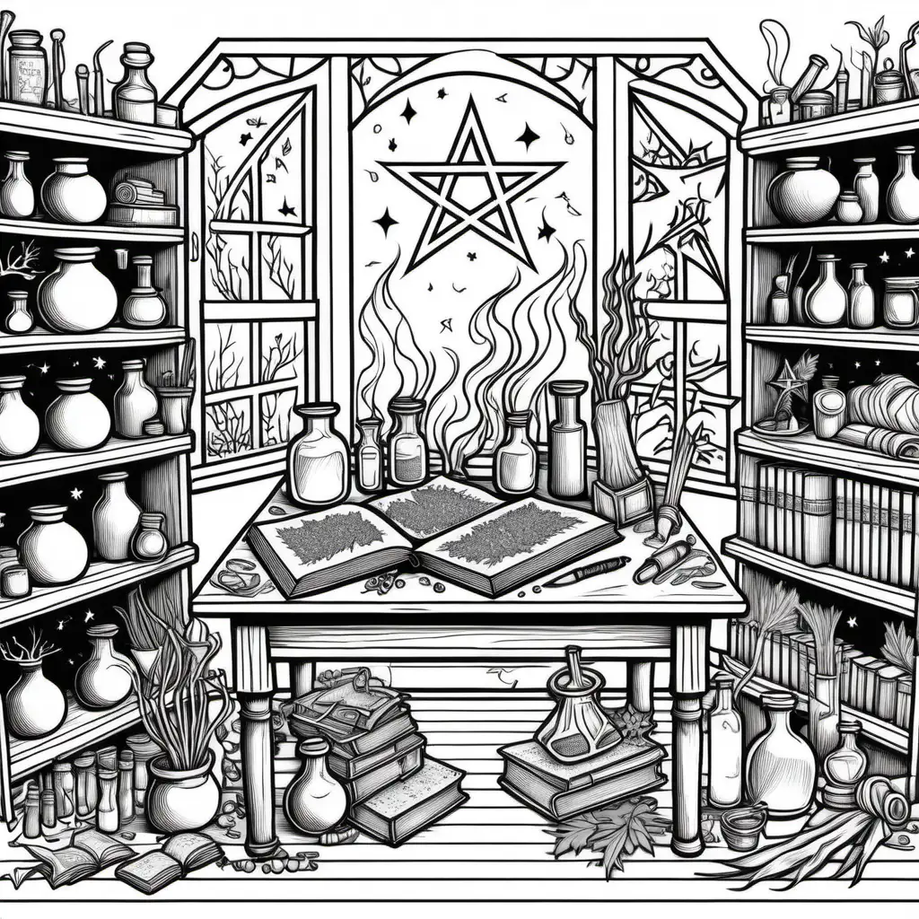Detailed Witchcraft Coloring Page Potion Bottle Spell Book and Herbs on Table