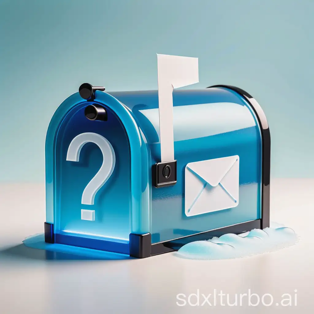 A stylized mailbox icon, made of frosted glass, with an overall blue color scheme to symbolize freshness and anonymity. The mailbox is simple with minimal embellishment, featuring a large question mark on the front to represent anonymity. The question mark is white, contrasting with the blue for emphasis on anonymity.