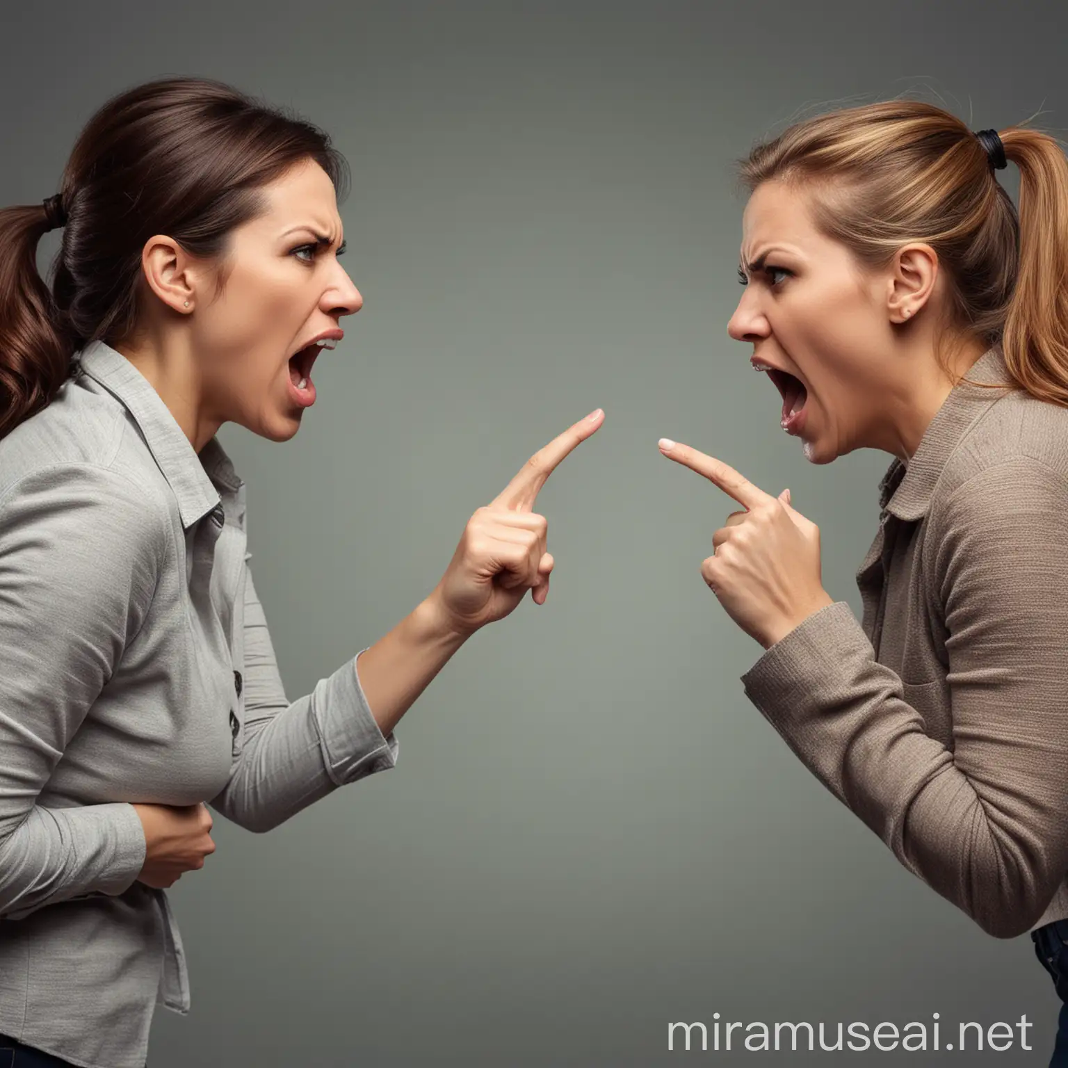 a realistic image of 2 woman arguing 
