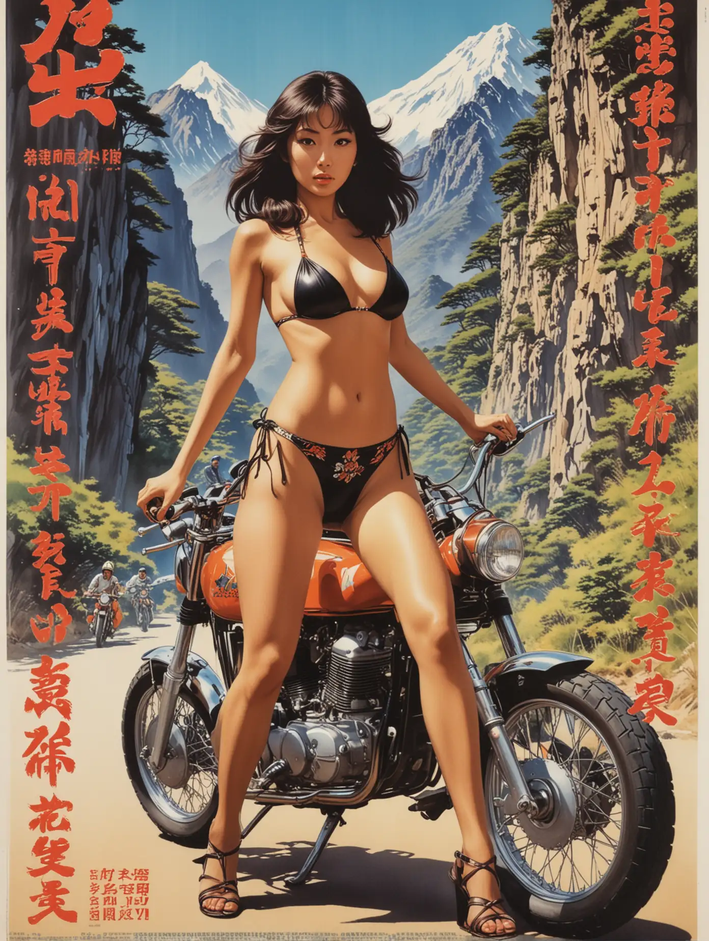 gaudy film poster combining a two or three various actions and characters in a somewhat composite design, for a 1970s Japanese exploitation film, with sensual oriental bikini girl riding a motorbike on a mountain canyon road, sensual gaudy girl gang film, with bold text and company markings in poster style