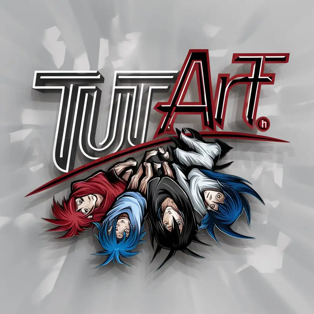 a logo design,with the text "Tut_Art
", main symbol:Logo Tut_Art Fallen Anime Gojo Red, Blue, Black, White
Industry:
,Moderate,clear background