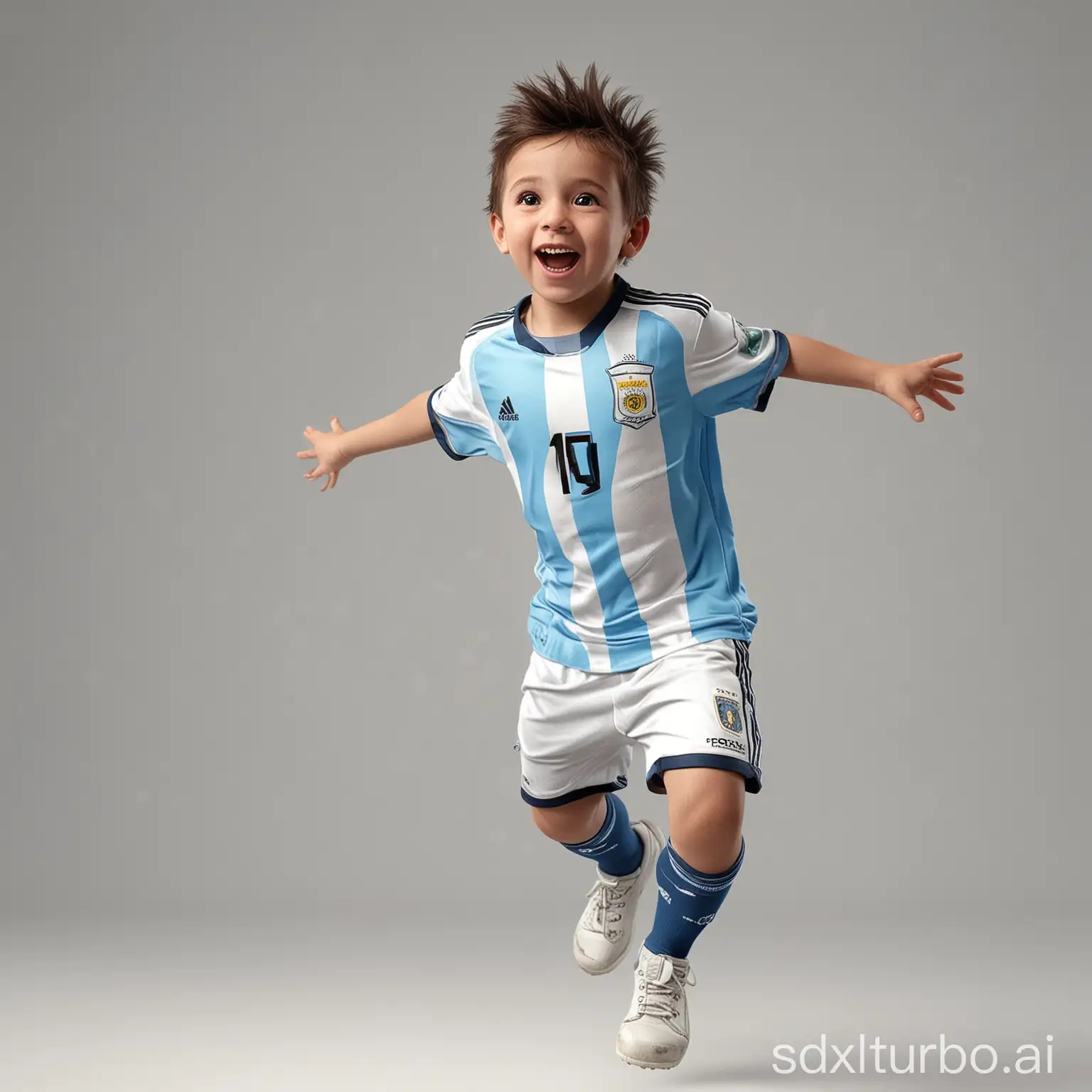 cute kid, wearing argentina soccer jersey, happy and having a good time, cute, jumping in the air excited on a plain white background. This is a full body photo realistic high resolution image with sharp clean subject focus