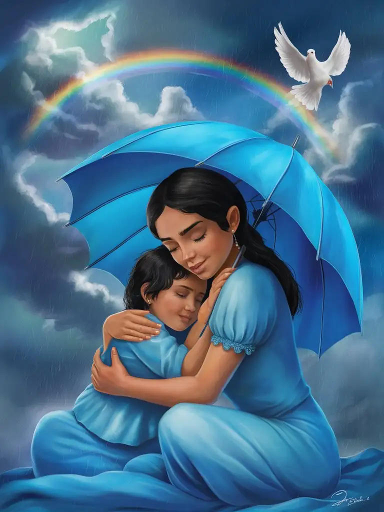 heartwarming, detailed digital painting depicting a beautiful, latina mother and her child seeking comfort under a bright blue umbrella during a storm. Both figures are dressed in calming shades of blue, adding to the sense of unity and protection. Above them, a radiant rainbow shines through the turbulent clouds, symbolizing hope and resilience. A peaceful dove gracefully glides across the sky, bringing a feeling of tranquility and peace to the scene. The imagery of the blue hues, coupled with the symbols of hope and peace, creates a soothing and reassuring atmosphere in this touching moment of maternal love and solace.