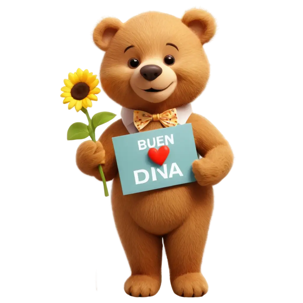 A stunning 3D rendering of a cartoon teddy bear, exuding cuteness, carrying a bouquet of vibrant sunflowers. The teddy has a heart-shaped yellow bow tie and holds a sign that reads "Buen día Diana " in an exact font. Surrounding the scene are tiny yellow heart-shaped confetti, adding to the cheerful atmosphere. The cinematic-style image showcases intricate details and realistic shading, making it perfect for a poster or promotional material., poster, cinematic,typography, 3d render