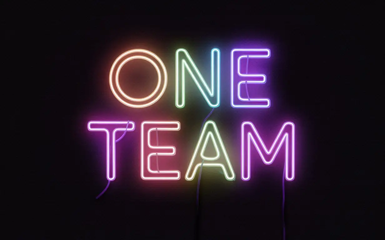 colorful neon lights text "One Team" , 
black empty background
