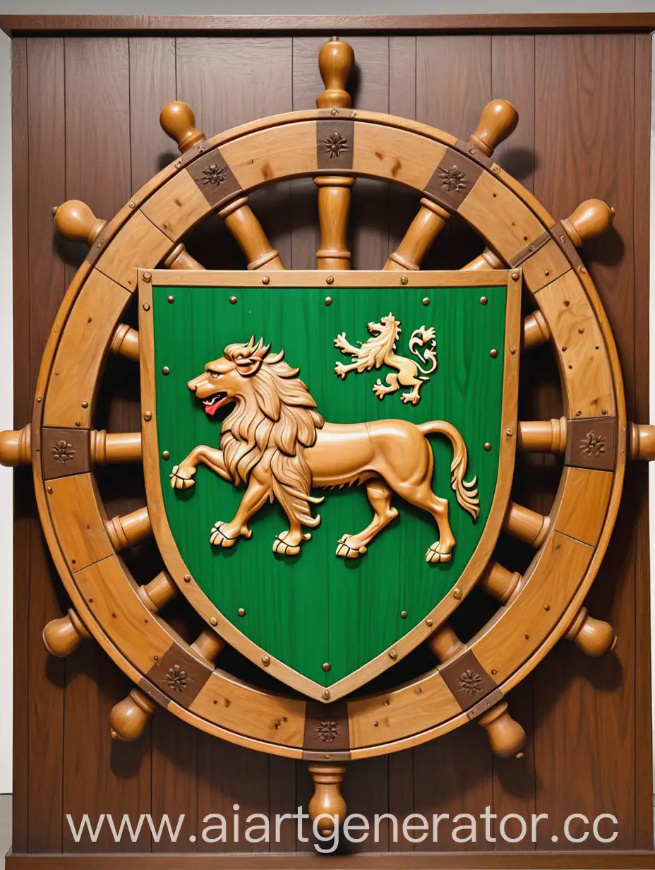 Medieval-Wooden-Wheel-Coat-of-Arms-on-Green-Shield