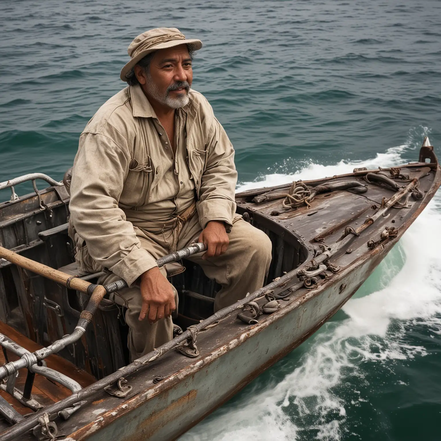 Middleaged Hispanic Man Driving Old Speed Boat on Ocean