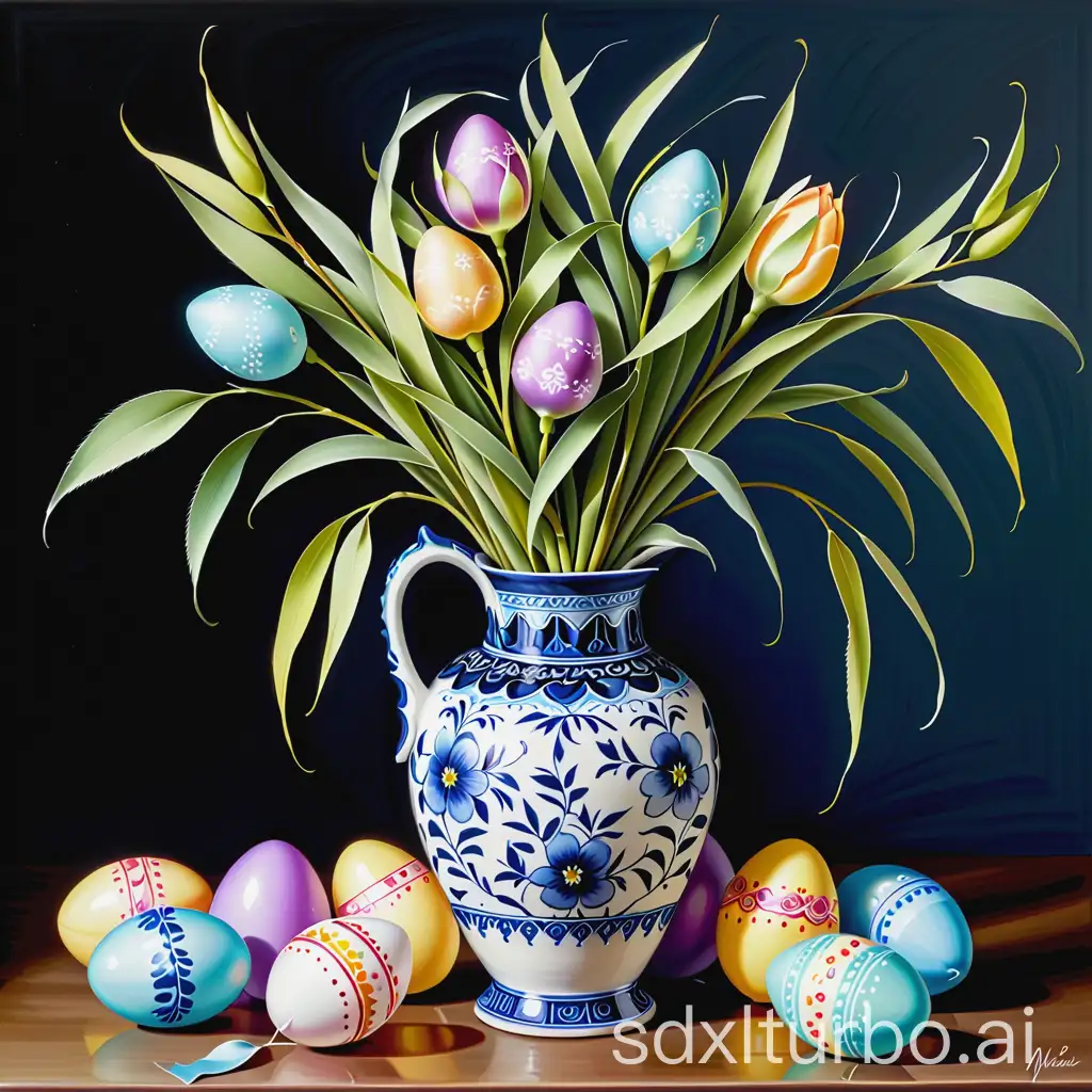 Easter-Eggs-Hanging-on-Willow-Branches-in-Gzhel-Vase-HyperRealistic-Painting
