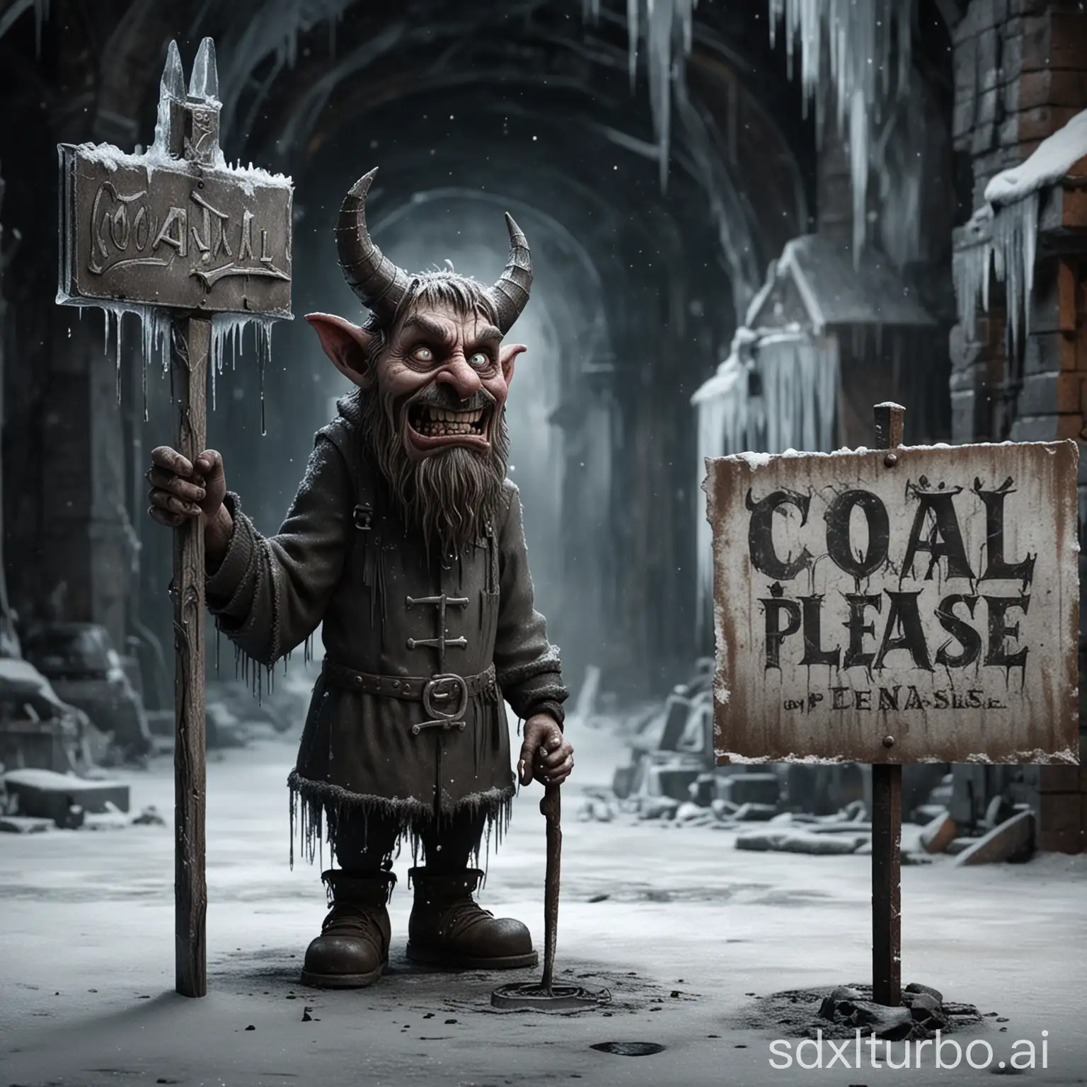 sad devil with branding iron, in frozen dungeon with icicles and industrial furnaces, begging, holding a sign 'Coal Please'