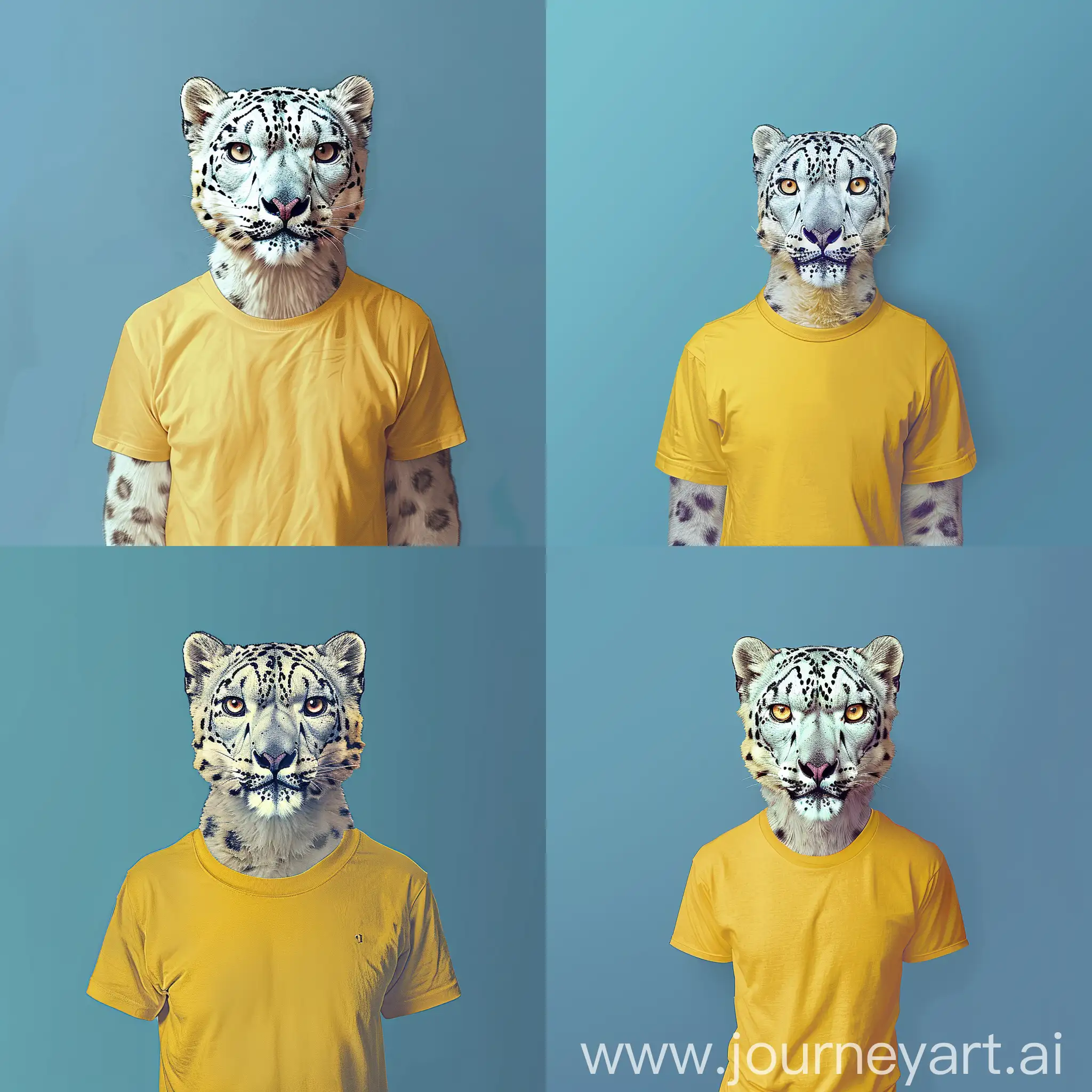 euan uglow art style of a snow leopard as a human body wearing a yellow  t-shirt , profile picture hd 8k , front view, blue background . 