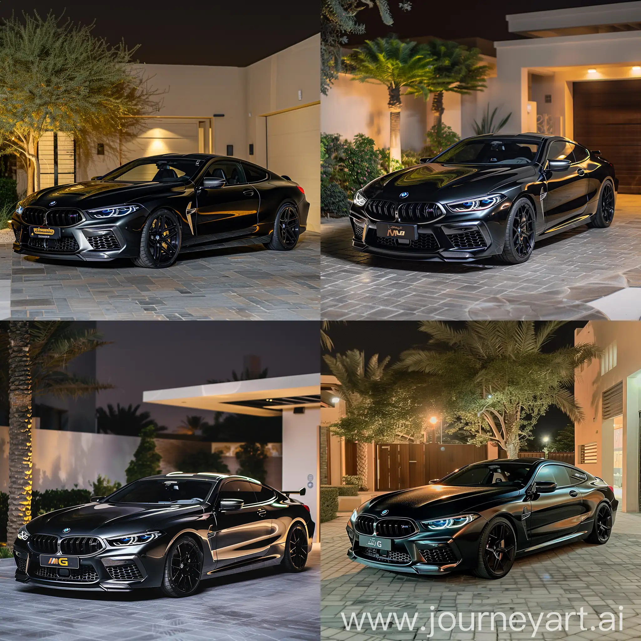 Realistic vision a black bmw m8 g power kit parked in Dubai in garage summer vibes night