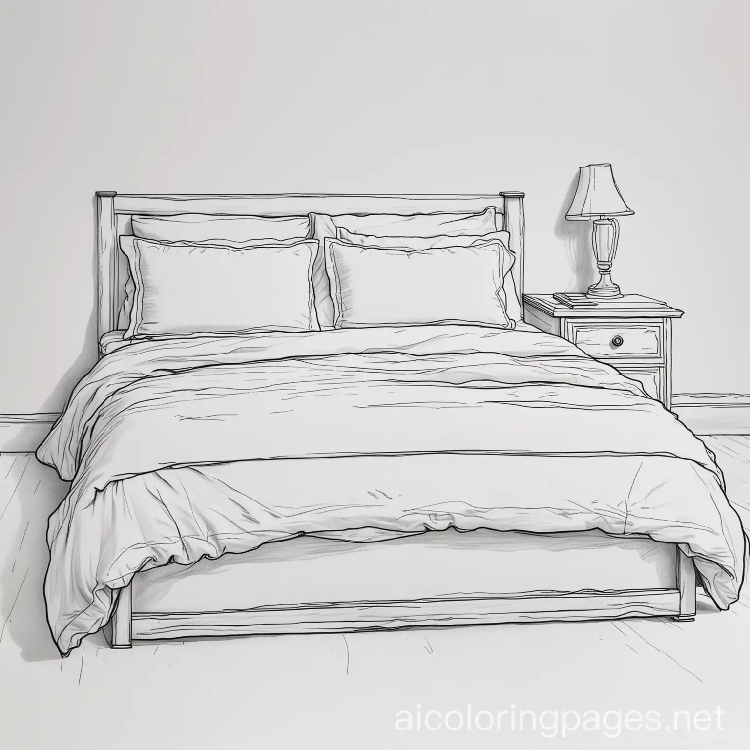 bed, Coloring Page, black and white, line art, white background, Simplicity, Ample White Space. The background of the coloring page is plain white to make it easy for young children to color within the lines. The outlines of all the subjects are easy to distinguish, making it simple for kids to color without too much difficulty