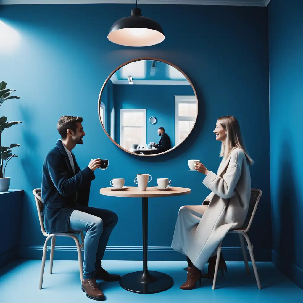 couple having coffee in a blue toned room with a single  big round mirror on the wall