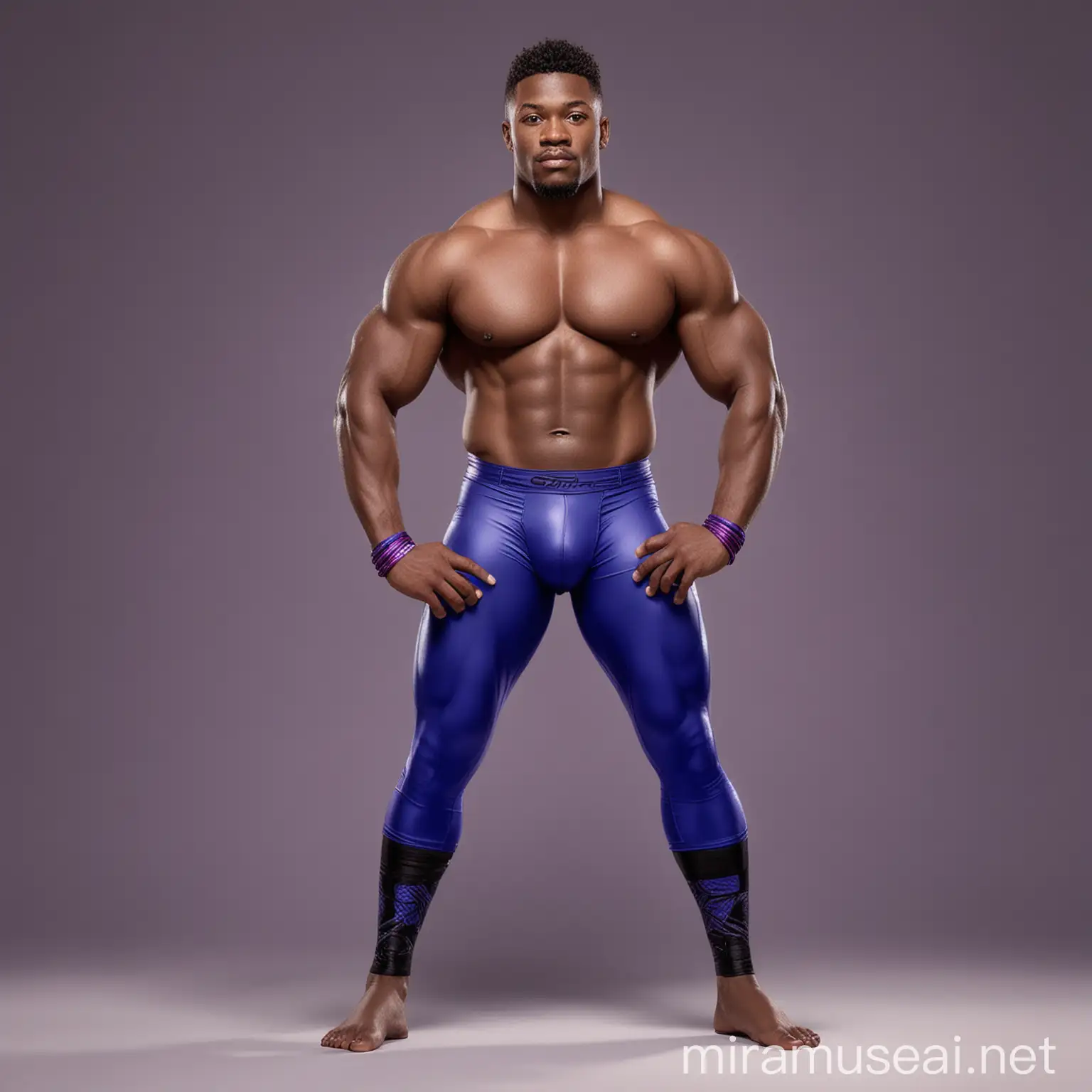 Charming shirtless muscular 30 year old male African American wrestler, with brown eyes, wearing  long cobalt blue (leaning to purple) and black spandex leggings, plus some wristbands. Pixar style art.
