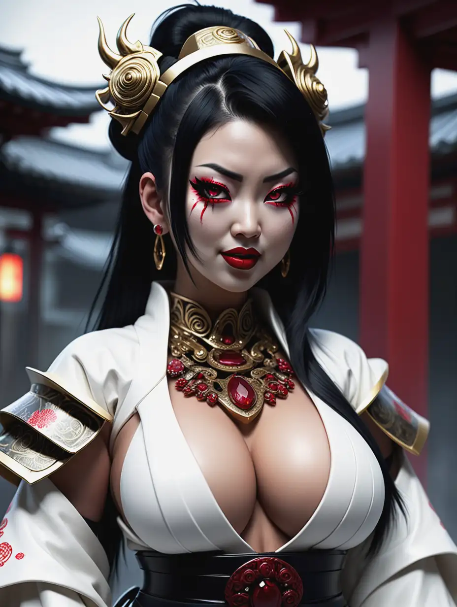 Full body shot. High res, best quality, max detail. Ray tracing, reflections, dynamic lighting. Hyper-realistic image with eerie atmosphere. Japanese aesthetics, emotional depth, post- apocalyptic themes, intricate details

Massive_Buxom plus_size Asa_Akira lookalike poses. 30 years old.

Exquisite intricate white geisha outfit, Hell_Knight_Ingrid_inspired design. Outfit is extremely detailed & has massive deep wide cutouts.

Exquisite huge gold ruby necklace, chunky gold regal bracelets, earrings.

Huge_protruding_buxom.
Deep_long_cleavage.
Wide_hips.
Long_meaty_legs.

Full_very_long_eyelashes. Long straight black hair. Red lipstick, bold thick eyeliner, sparkling dark eye shadow.

Creepy_smile. 