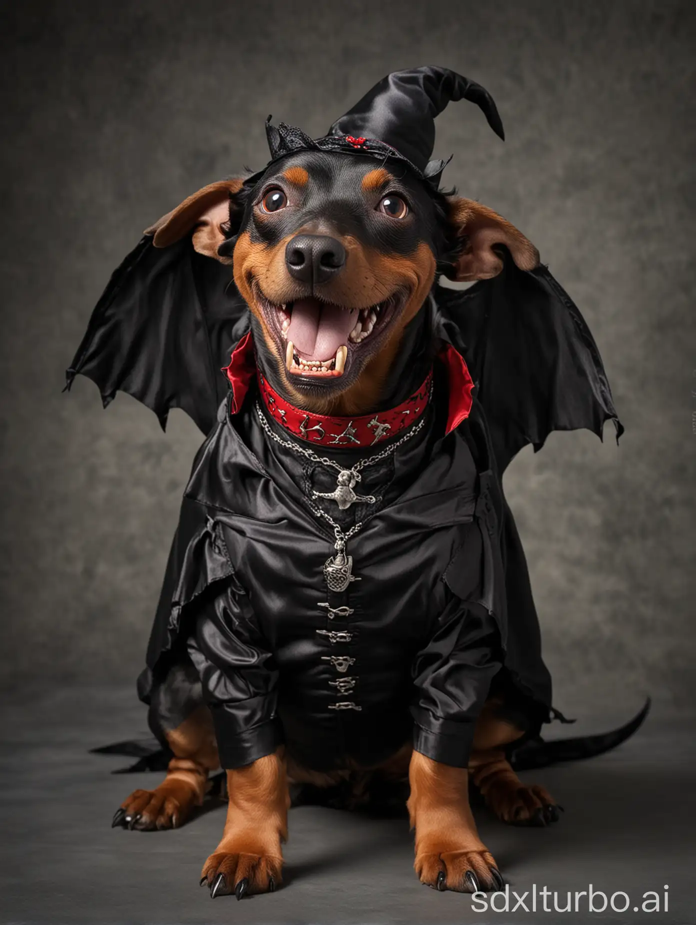 Perro teckel negro vestido de vampiro y con dientes de vampiro 