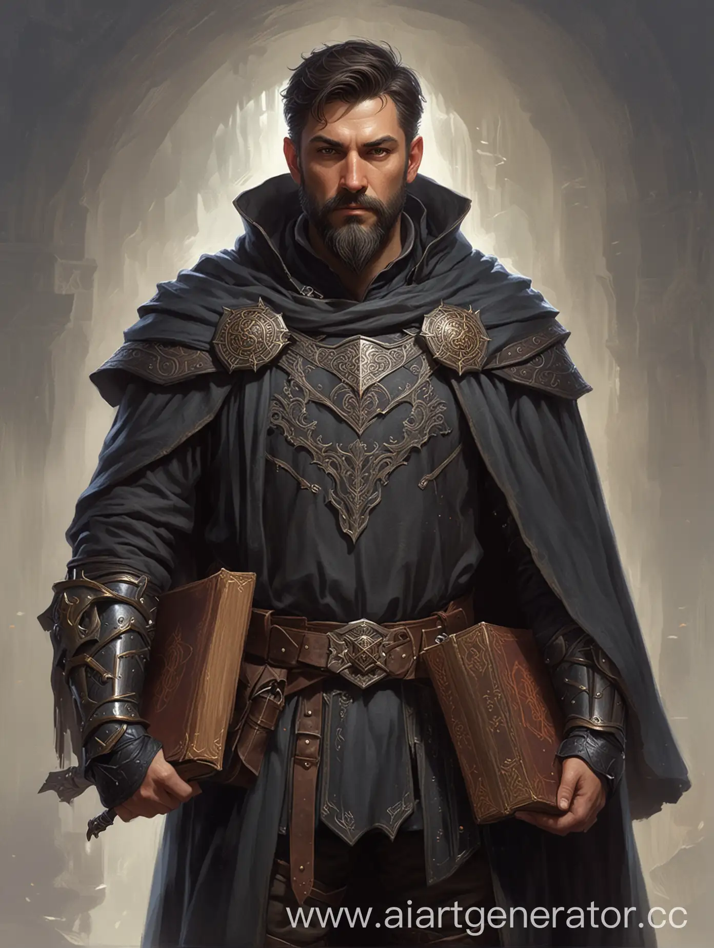 MiddleAged-Fantasy-Mage-in-Armor-and-Cloak-with-Spellbook