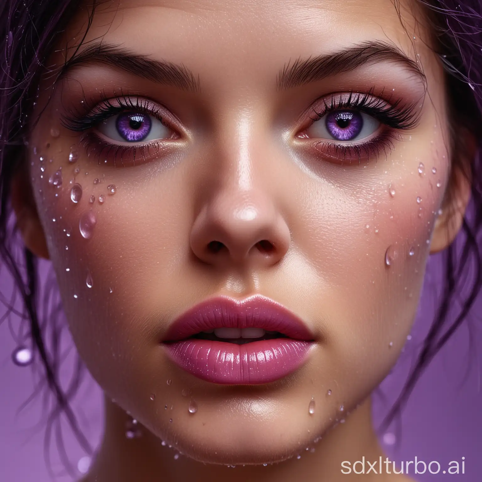 a striking and artistic image of Amber Heart with a highly detailed and vivid portrayal. The focus is on her face which is captured in a close-up view, emphasizing her deep purple eyes and the water droplets on her skin. The image has a strong monochromatic theme, dominated by shades of purple and pink, which adds to its mystical and ethereal quality. The wet hair strands and the shiny texture of her lips also add a realistic and tactile element to the portrait. This kind of image could be used in visual arts to explore themes of beauty and emotion in a fantastical or surreal context.