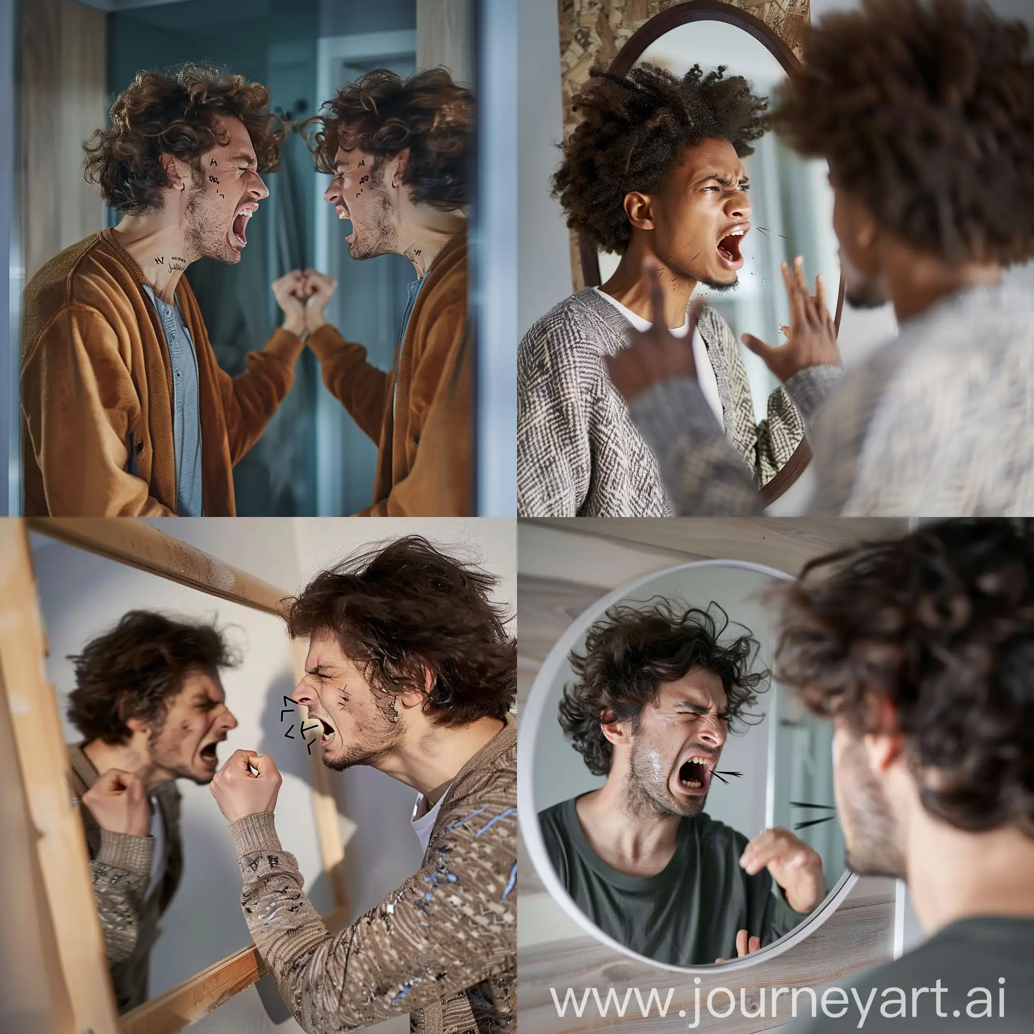 человек ругается со своим отражением в зеркале