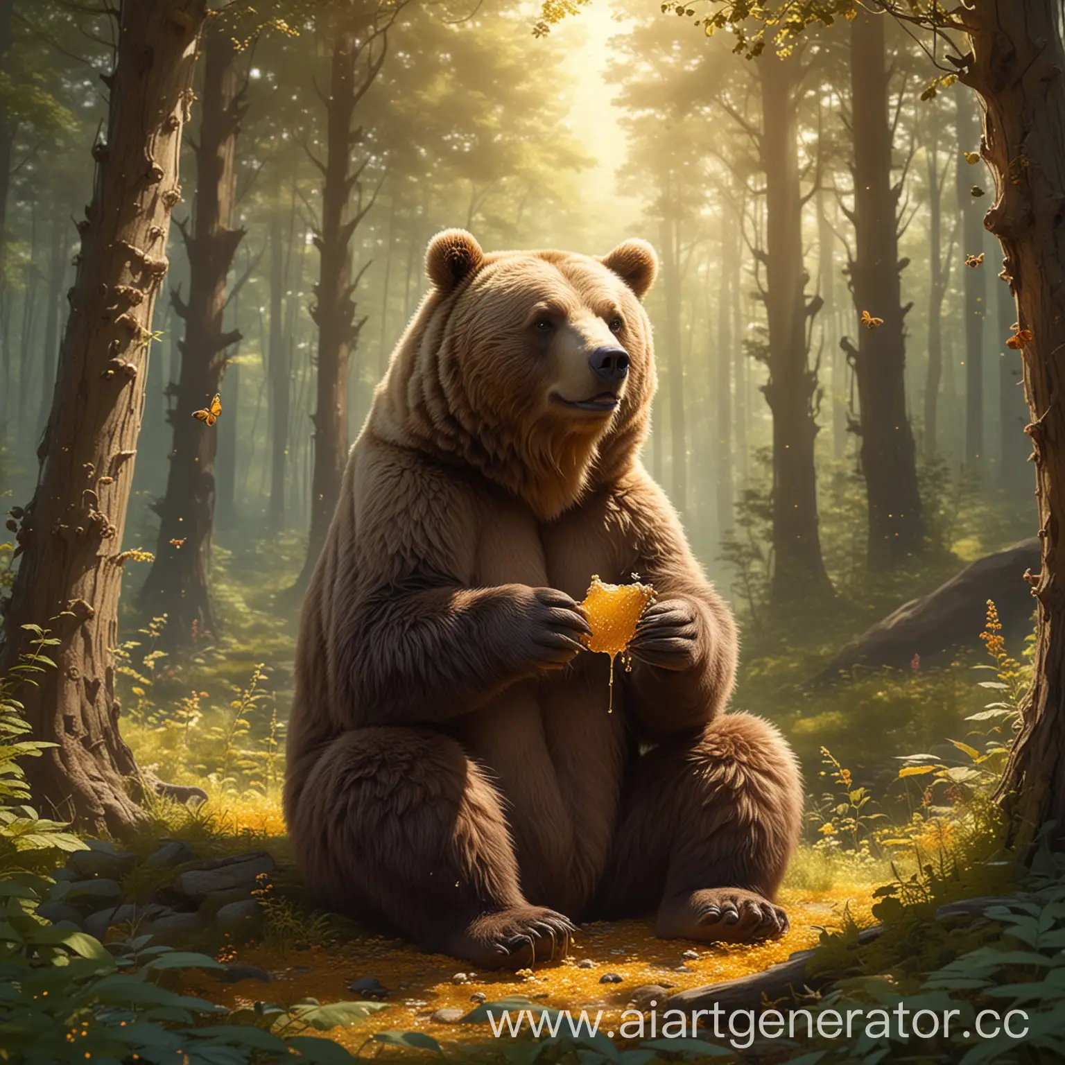 Brown-Bear-Enjoying-Honey-Feast-in-Enchanting-Anime-Forest