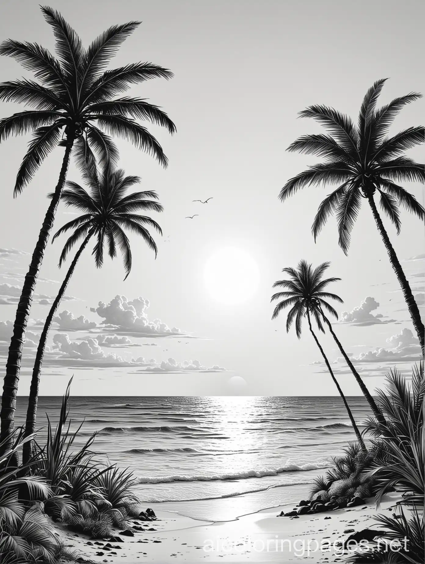 Sea, palm trees beach, sunset, Coloring Page, black and white, line art, white background, Simplicity, Ample White Space