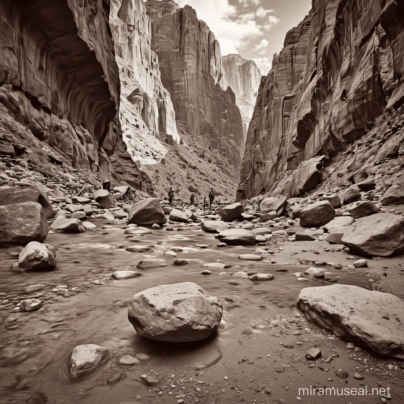 A scene from a canyon in the old west. The image is on ground level in a hiding spot behind a boulder.