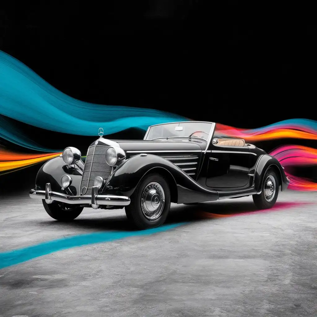 Flowing colors over a black and white scene 1936, Mercedes-Benz 540K Roadster W29