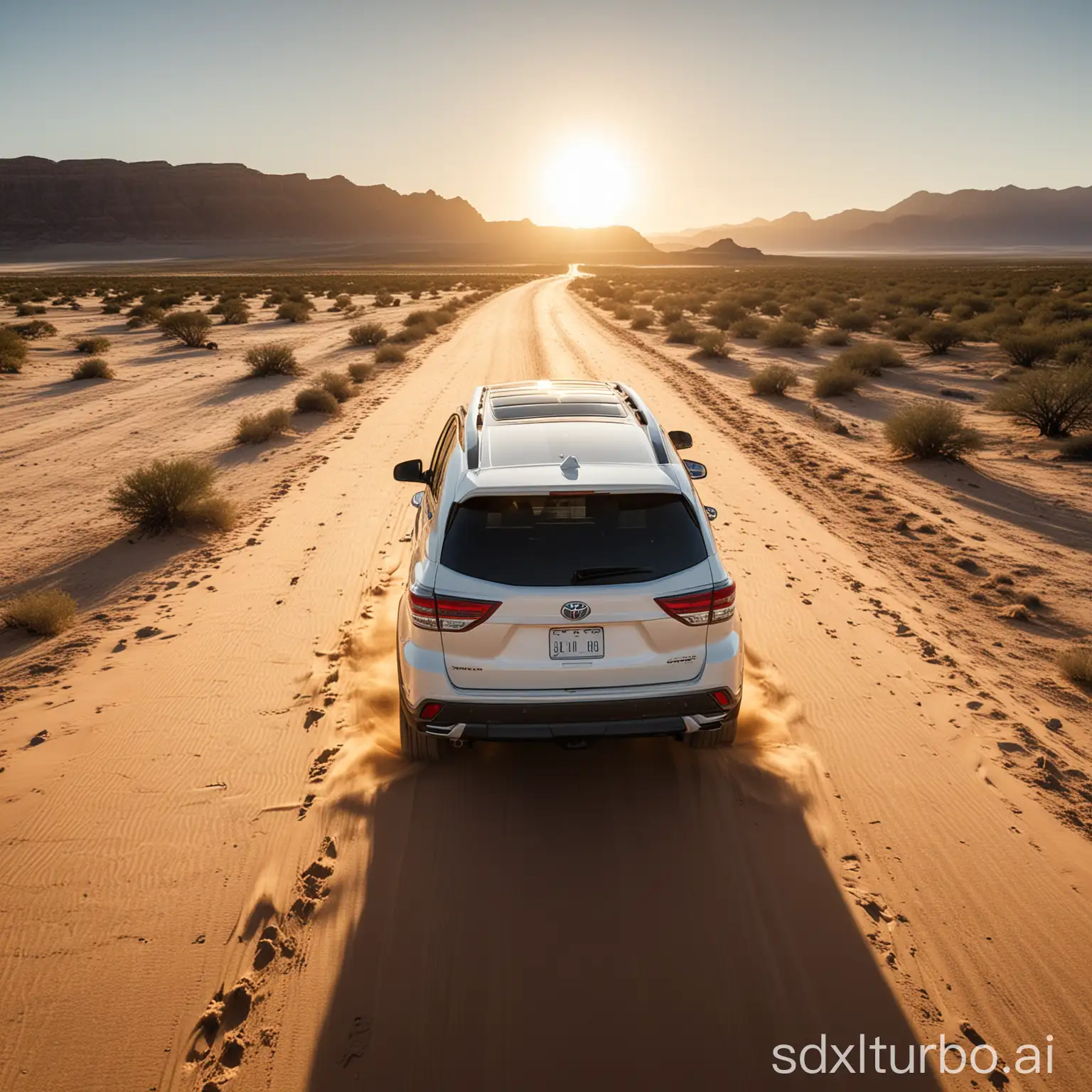 A white Toyota Highlander traverses through a golden desert, with the sun casting direct light on the dunes, creating a stark interplay of light and shadow. The vehicle leaves deep ruts in the sandy terrain, surrounded by the occasional hardy desert flora. The sky is a clear azure, contrasting sharply with the white of the car. Under the intense sunlight, the Highlander's metallic finish reflects a dazzling light, while the distant horizon is tinged with a faint orange-red, signaling the approach of sunset. The entire scene evokes a sense of adventure and freedom.