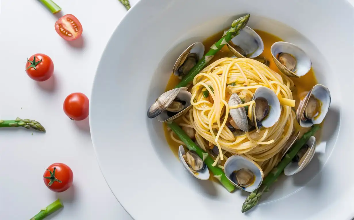 meal, a white big plate of spaghetti with clams with boiled asparagus with cherry tomatoes, pure white backgroud, neatly, aerial view, food photograph, 8K
