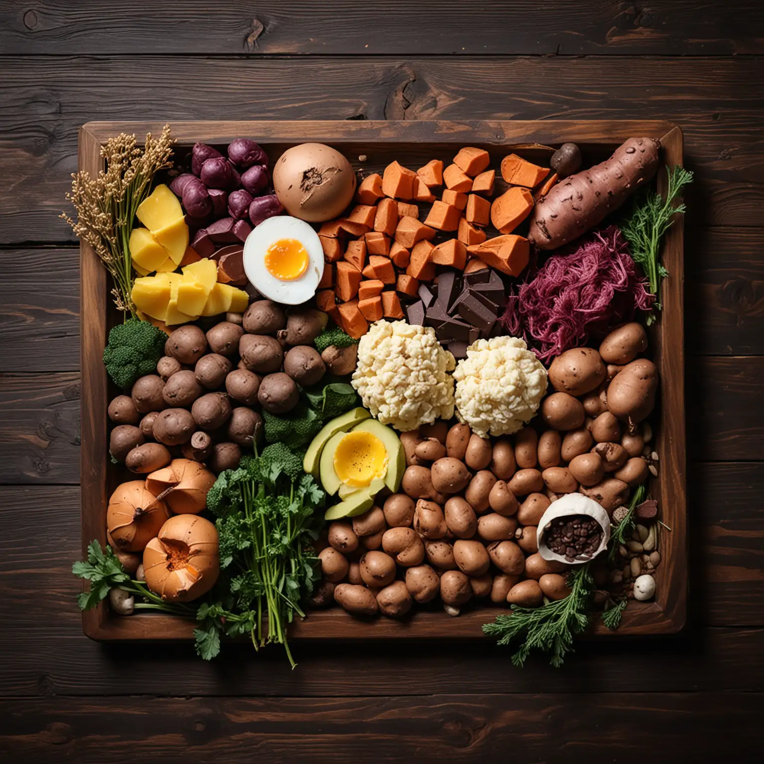 appetizing, attractive arrangement of foods on dark wooden table. foods to include: wild yams, cruciferous vegetables, dark chocolate, legumes, whole grains, lean meats, and eggs
