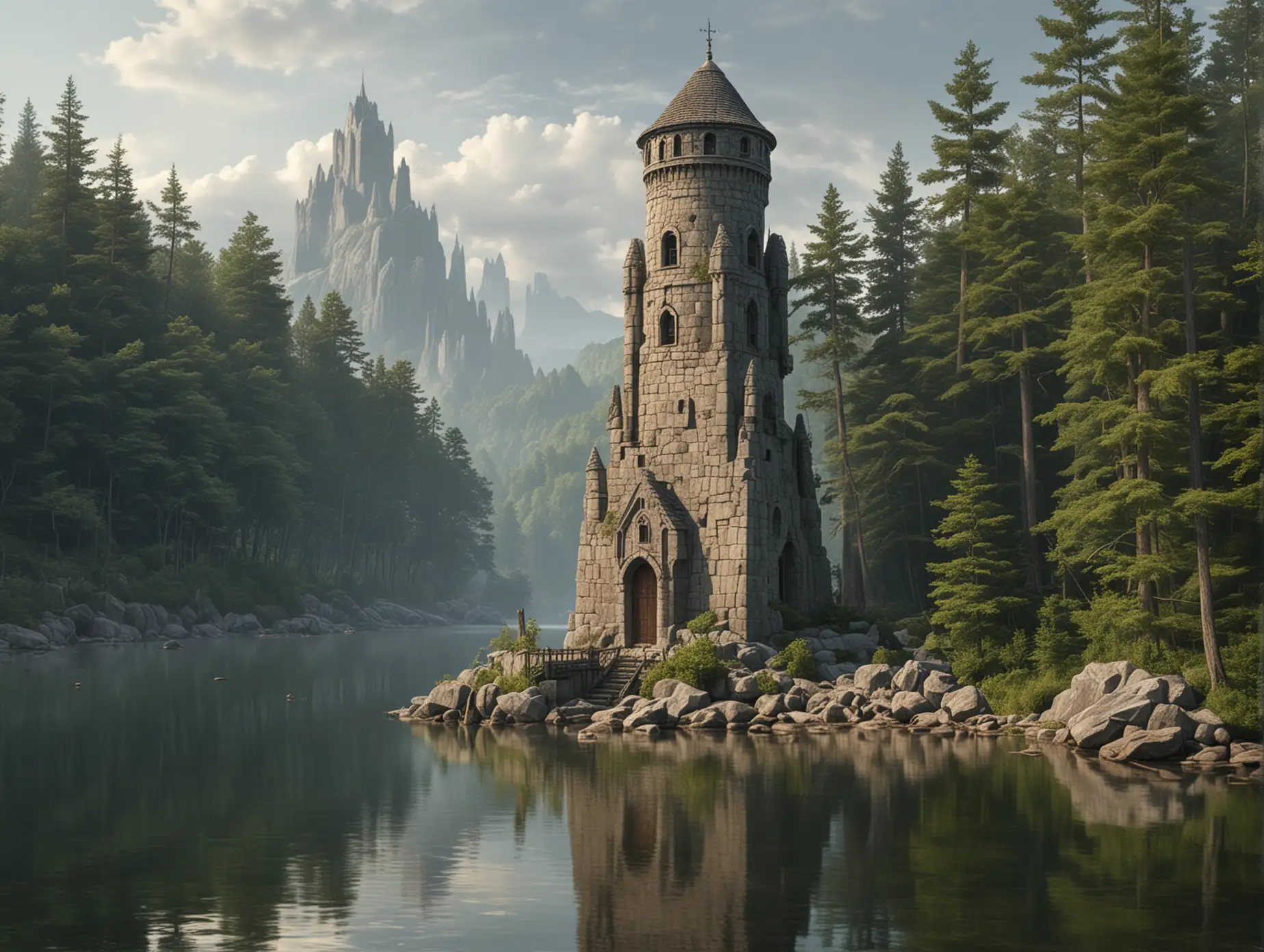 Fantasy Stone Tower on Island in Forest Lake