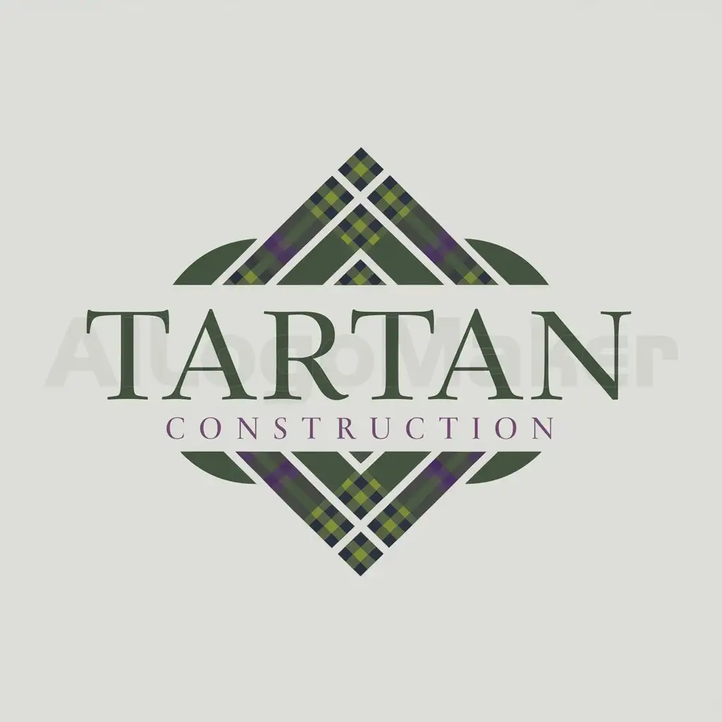 a logo design,with the text "Tartan Construction", main symbol:A geometric design inspired by the tartan pattern, using color blocks and lines. Use the specific shades of green and purple from the tartan pattern. Choose a serif font like Garamond, Baskerville, or Georgia to maintain a professional and sophisticated look. Slightly Feminine Touch: We'll incorporate gentle curves. Vector Friendly: We'll ensure the design is clean and simple.,Moderate,clear background