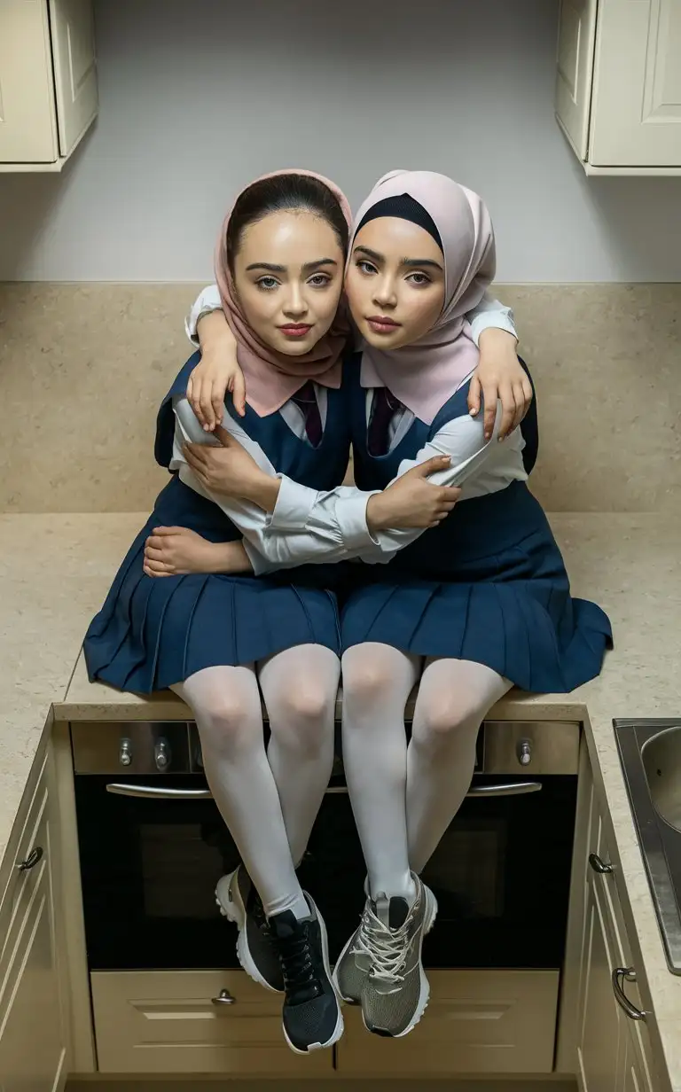 2 little porcelain skin girl.  14 years old. They wear a modern hijab, school skirt, tight shirts, white opaque tights, sport shoes.
They are beautiful.
In kitchen. They sits on the kitchen countertrops. well-groomed, turkish, quality face, plump lips.
Bird's eye view, top view, serious face, hugs