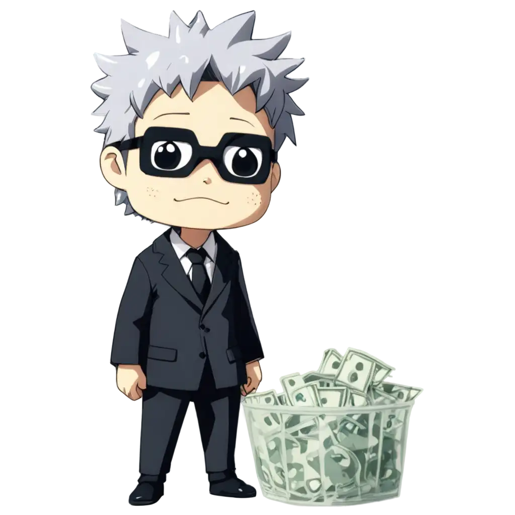 PNG-Anime-Character-Male-Ghoul-Chibi-with-Gray-Hair-and-Sad-Face-Surrounded-by-Falling-Money