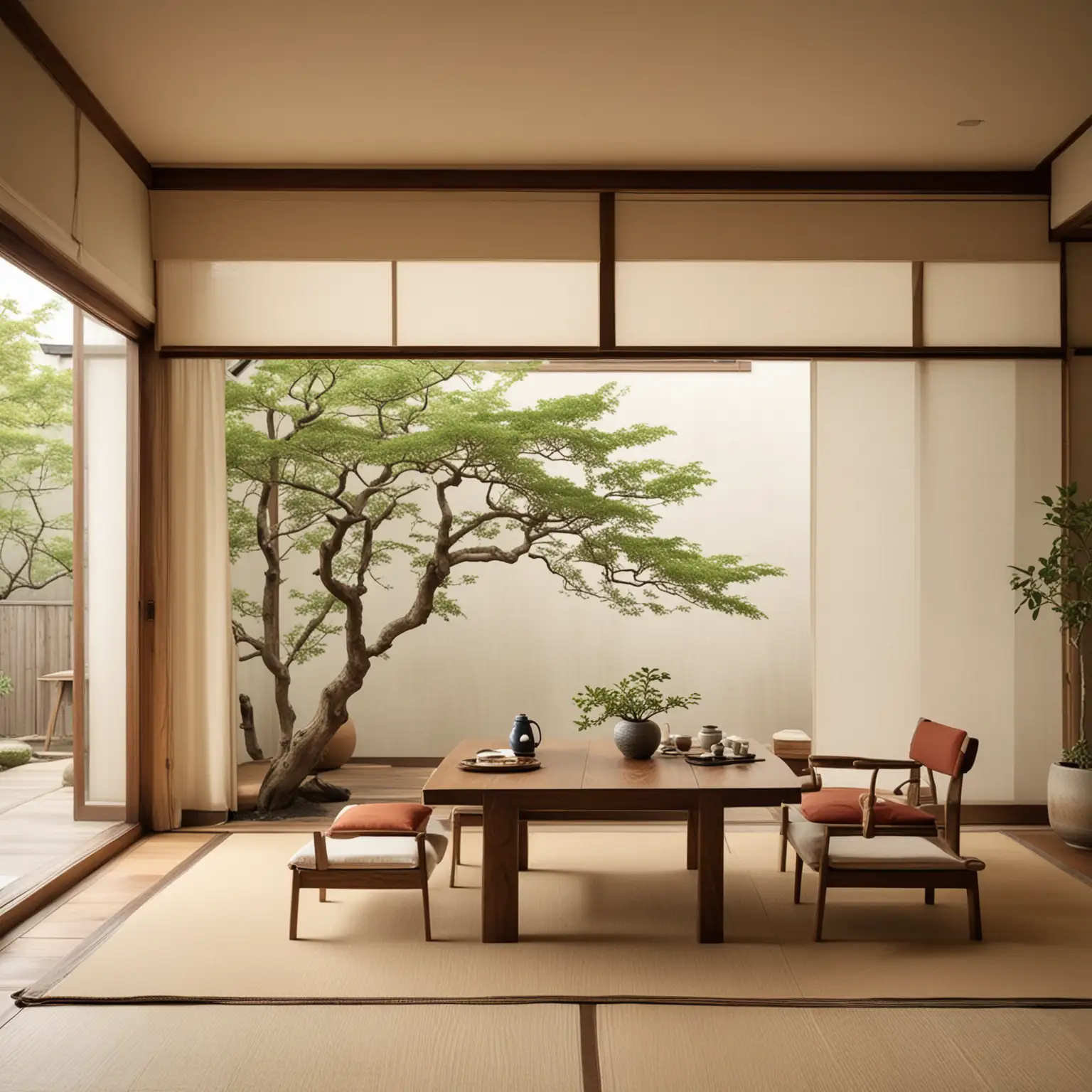design a very wide distant shot of Minimalist Japanese-Inspired Dining Area:nLow wooden table with a simple, sleek design.nFloor cushions in neutral tones.nShoji screens for room dividers.nBonsai tree as a centerpiece on the table.nTatami mat flooring and minimal wall decor.nSoft natural light filtering through rice paper windows.