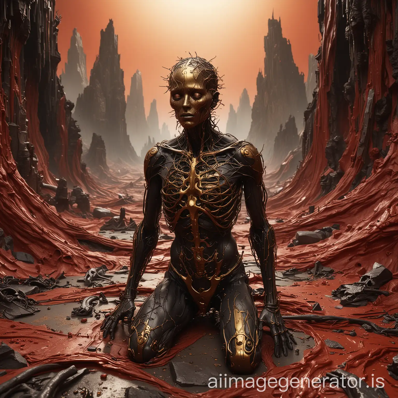 close-up,the composition features a figure shrouded in gold and black, surrounded by a surreal and grotesque landscape, the figure appears to be struggling, with biomechanical structures entwined around its body, symbolizing depression, panic attacks, loneliness, and fear, the background is a mix of red tones and ash colors, adding to the overall sense of despair and dread,Ray Tracing Global Illumination,Optics, Scattering,Glow,insanely detailed and intricate,superdetailed