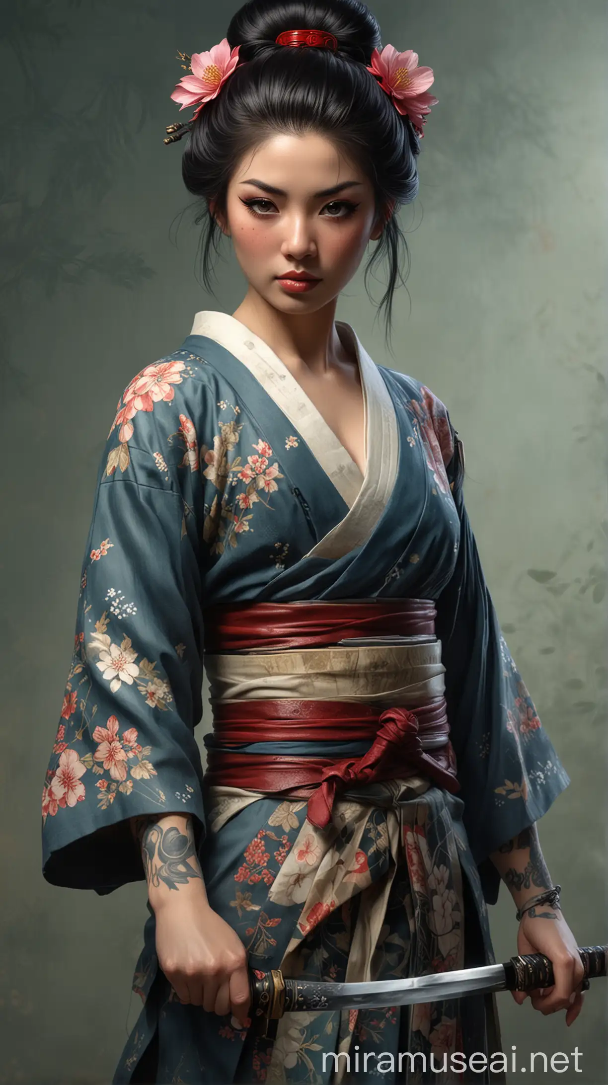 wanita geisha cantik dengan tato seluruh tubuh memegang katana pedang dalam gaya artgerm dalam gaya greg rutkowski dan dalam gaya Thomas kinkade wajah detail mata detail latar belakang bermotif definisi tinggi fokus tajam resolusi tinggi --v 66 --gaya mentah - -s 130 --ar 35:64