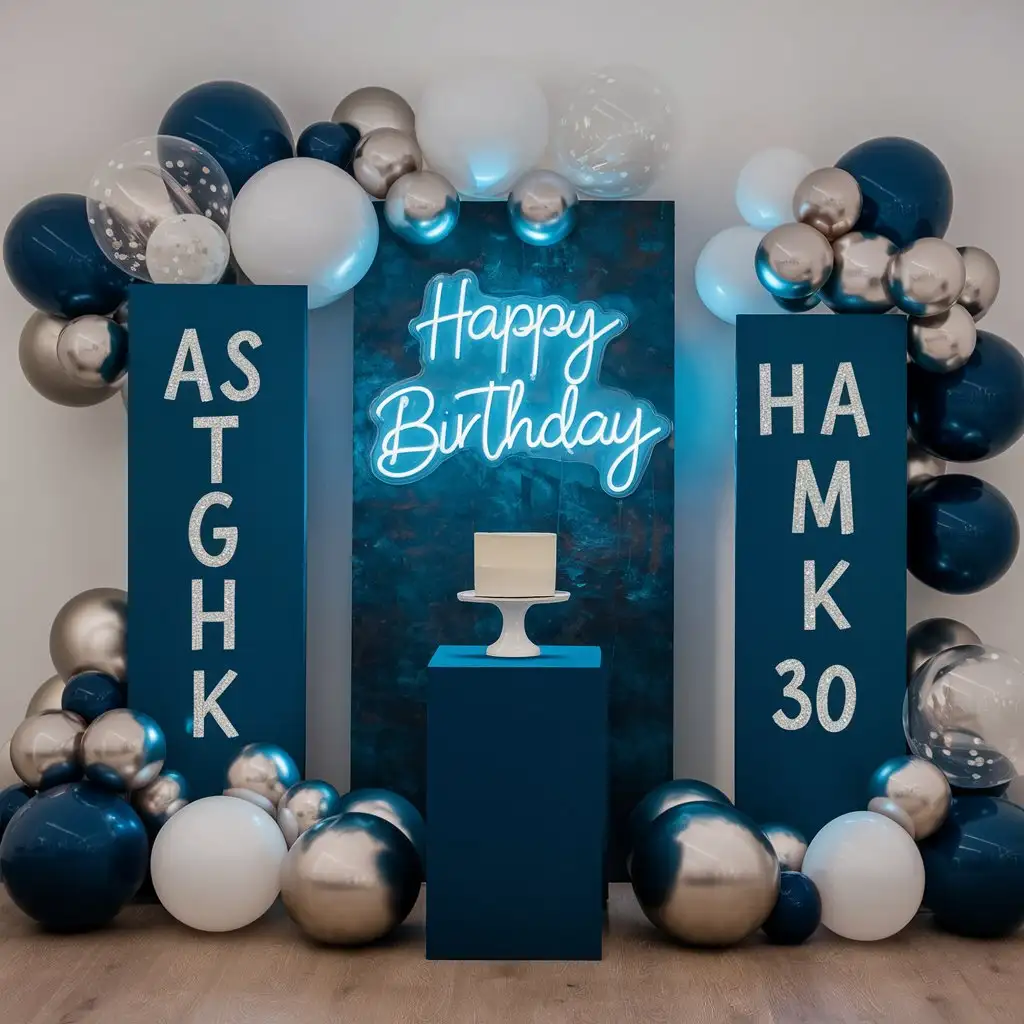 make birthday decoration, 3 canvases.  Middle canvas is bigger 2 meter long and 150 width ,  sides canvases are narrower 1 180 cm height 100 cm width . Middle canvas is dark blue and on it happy birthday neon light sign. Side canvases arewhite color, on the left sign is written Astghik 50, on the right canvas written Hasmik 30,  with  some  handwriting font.  In front is  white cake,  the cake is on the white stand. put  balloons around canvases and on top, use silver white and dark blue balloons, use transparent balloons.