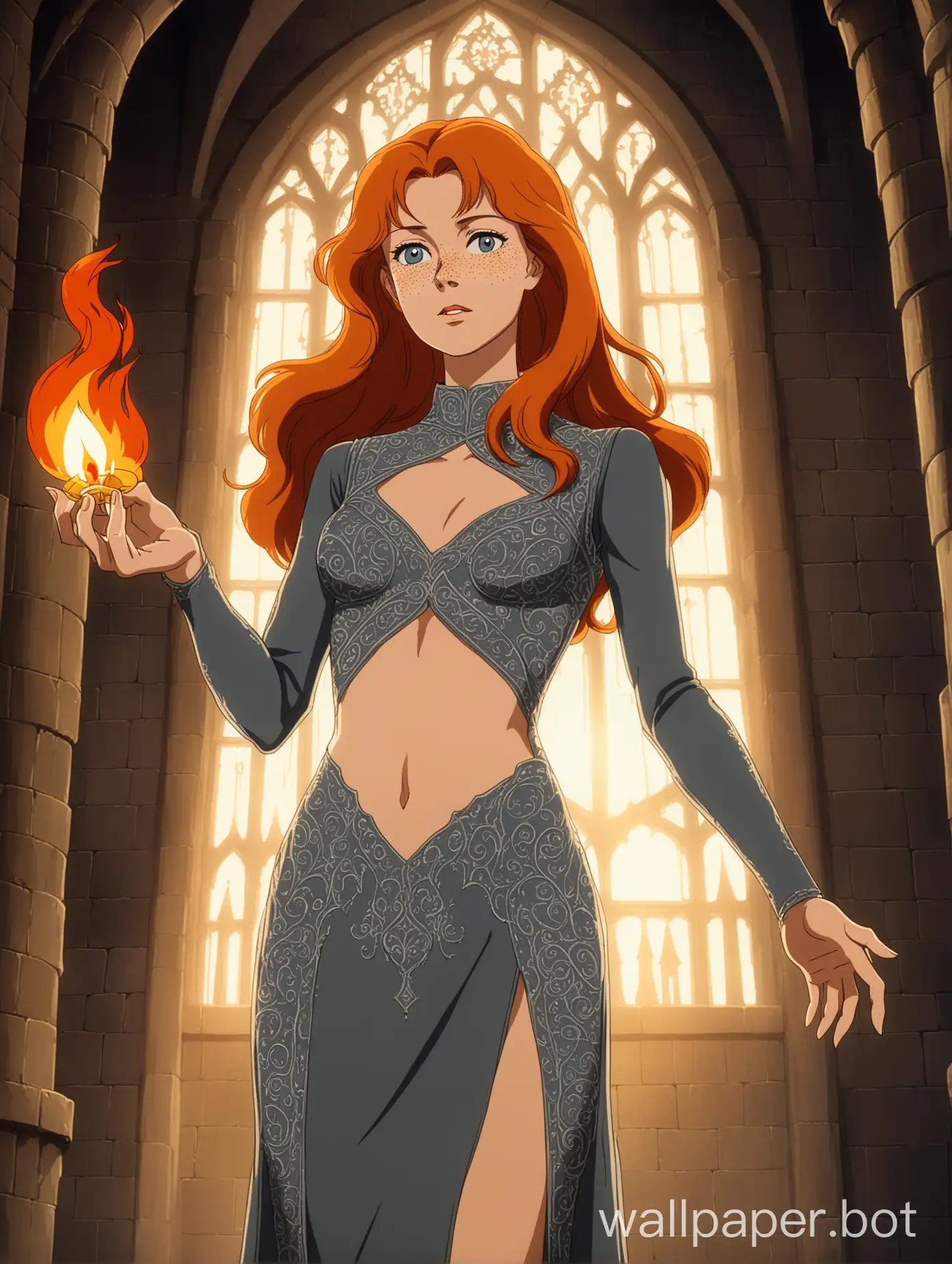 a young and attractive white woman, she has long wavy orange hair, standing regally, holding flame in one hand, elegant and slender, sharp face, lots of freckles, dignified and confident, amazed expression, wearing a sheer thin dark grey skintight dress, large diamond-shaped stomach cutout, midriff, she is thin and slender, ornate stitching, medieval elegance, castle interior, 1980s retro anime, vibrant colors, golden hour lighting